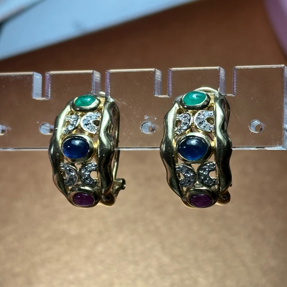 Estate 14 k gemstone earrings, untreated emerald sapphire ruby, real diamond